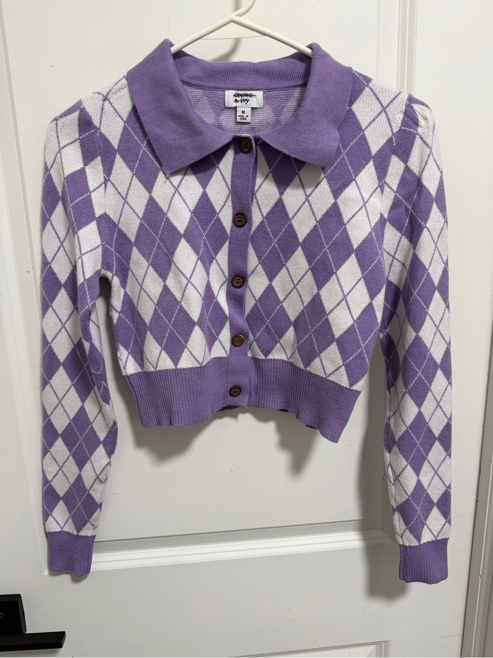 crown & ivy Lavender and White Argyle Collared Cardigan